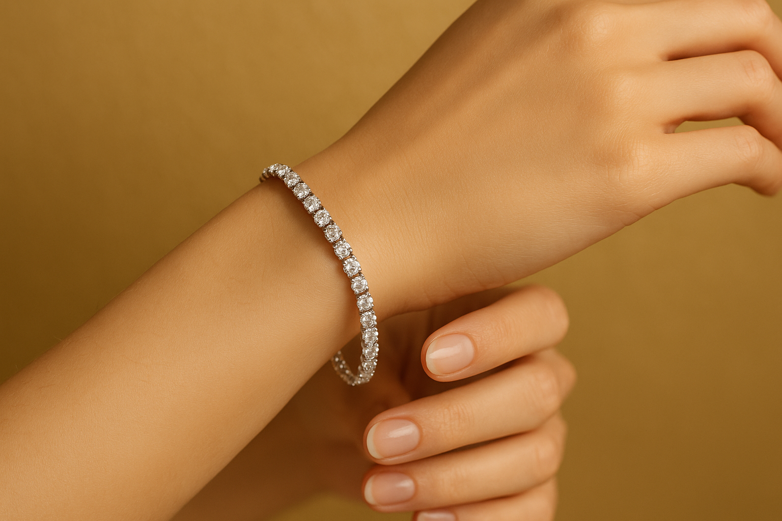 tennis bracelet with gold background girl wearing it